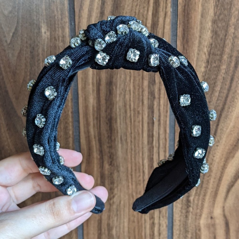 EUC Black Velvet Knot Headband with Rhinestones